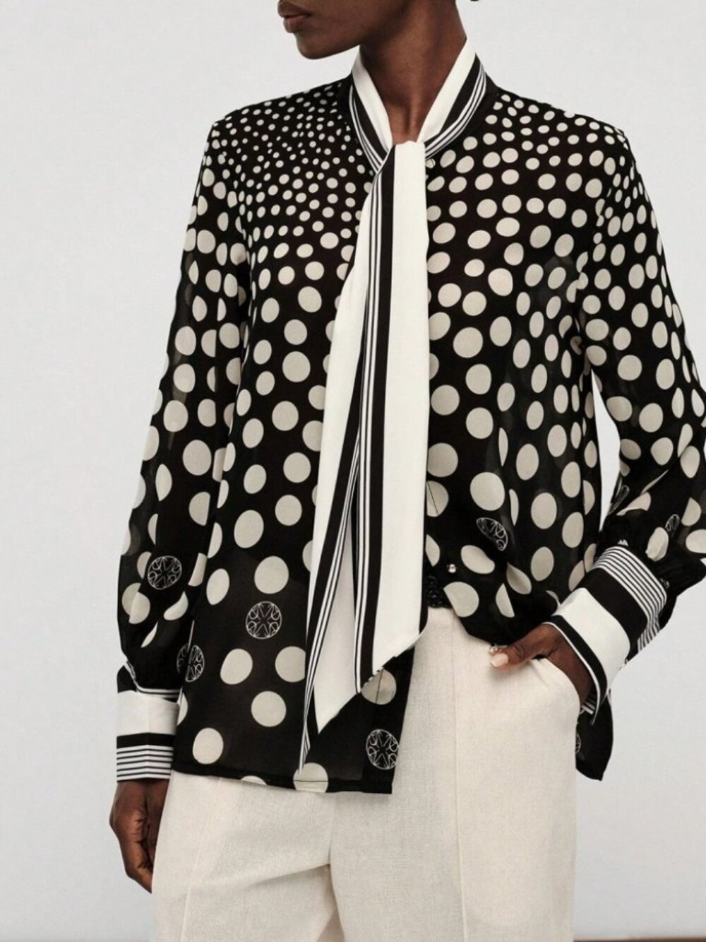 Black & White Polka Dot Chiffon Tie Neck Blouse